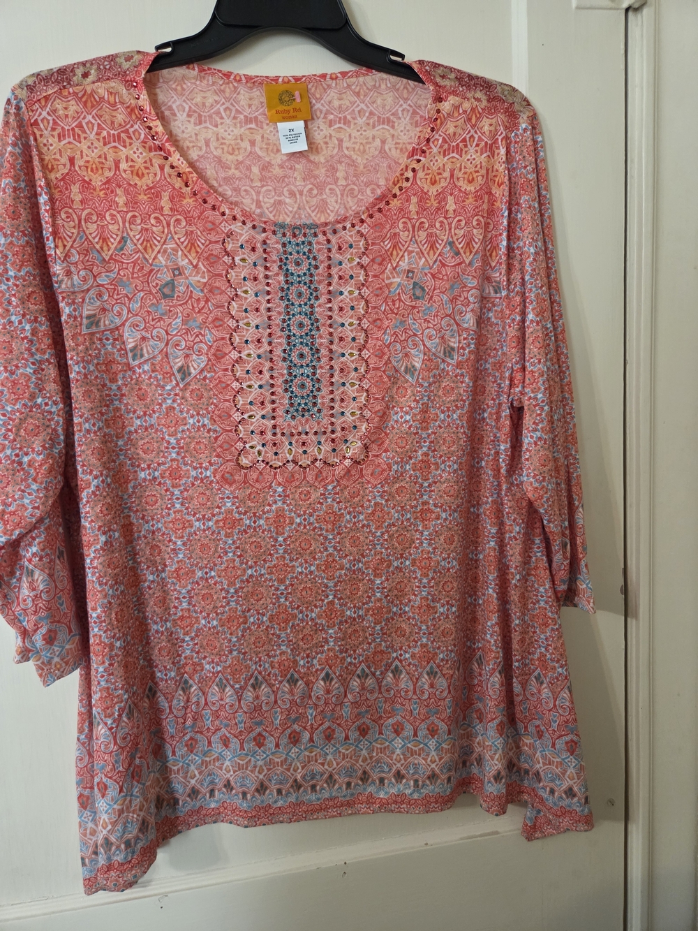 Ruby Rd. Coral & Light Blue Printed Embellished Tunic